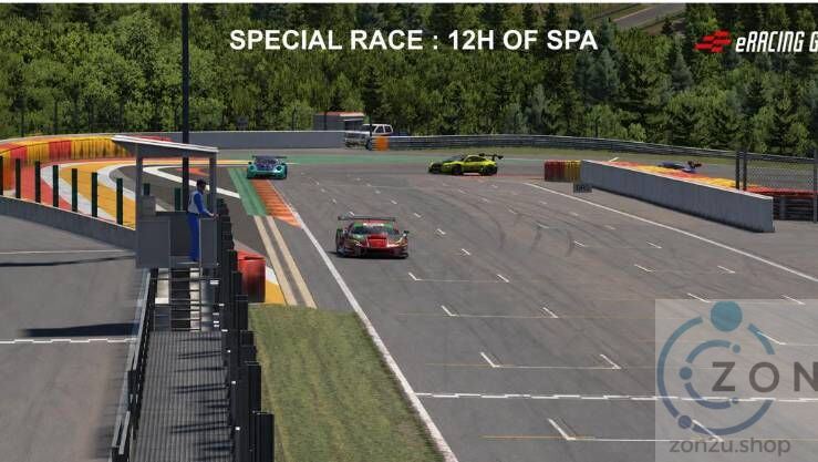 GT3 cars on the Spa-Francorchamps track for the Special Race: 12H of Spa virtual racing event