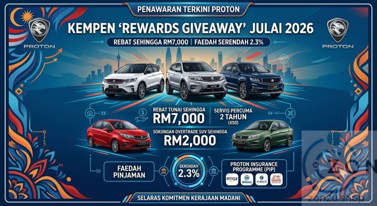 Proton July 2026 Rewards Giveaway: Cash rebates up to RM7,000, interest rates from 2.3%, and 2 years free service for X50