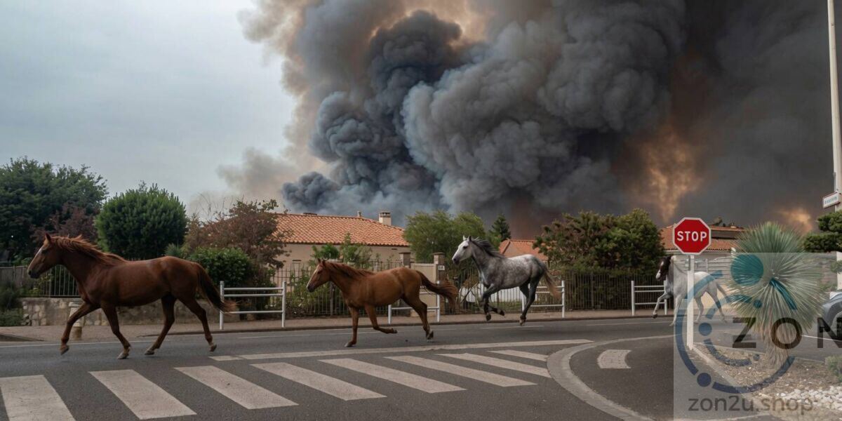 Horses run across a residential street as a massive plume of wildfire smoke rises behind nearby houses
