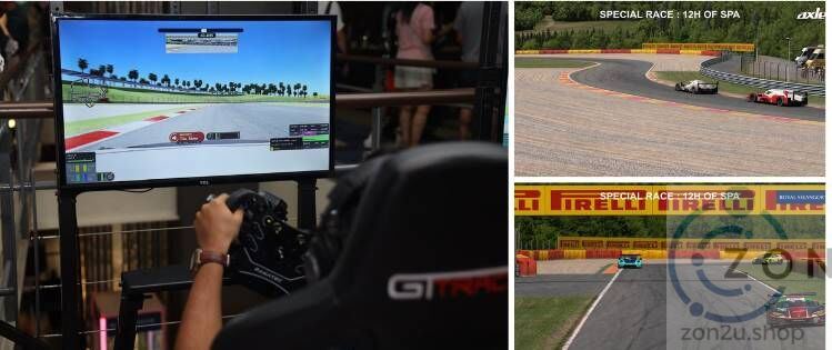 A person using a racing simulator setup next to gameplay screenshots of the 12H of Spa virtual race