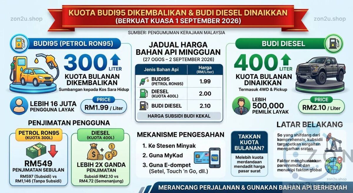 Infographic detailing Malaysia's fuel subsidies from Sept 2026: 300L RON95 quota at RM1.99/L and 400L diesel quota at RM2.10/L