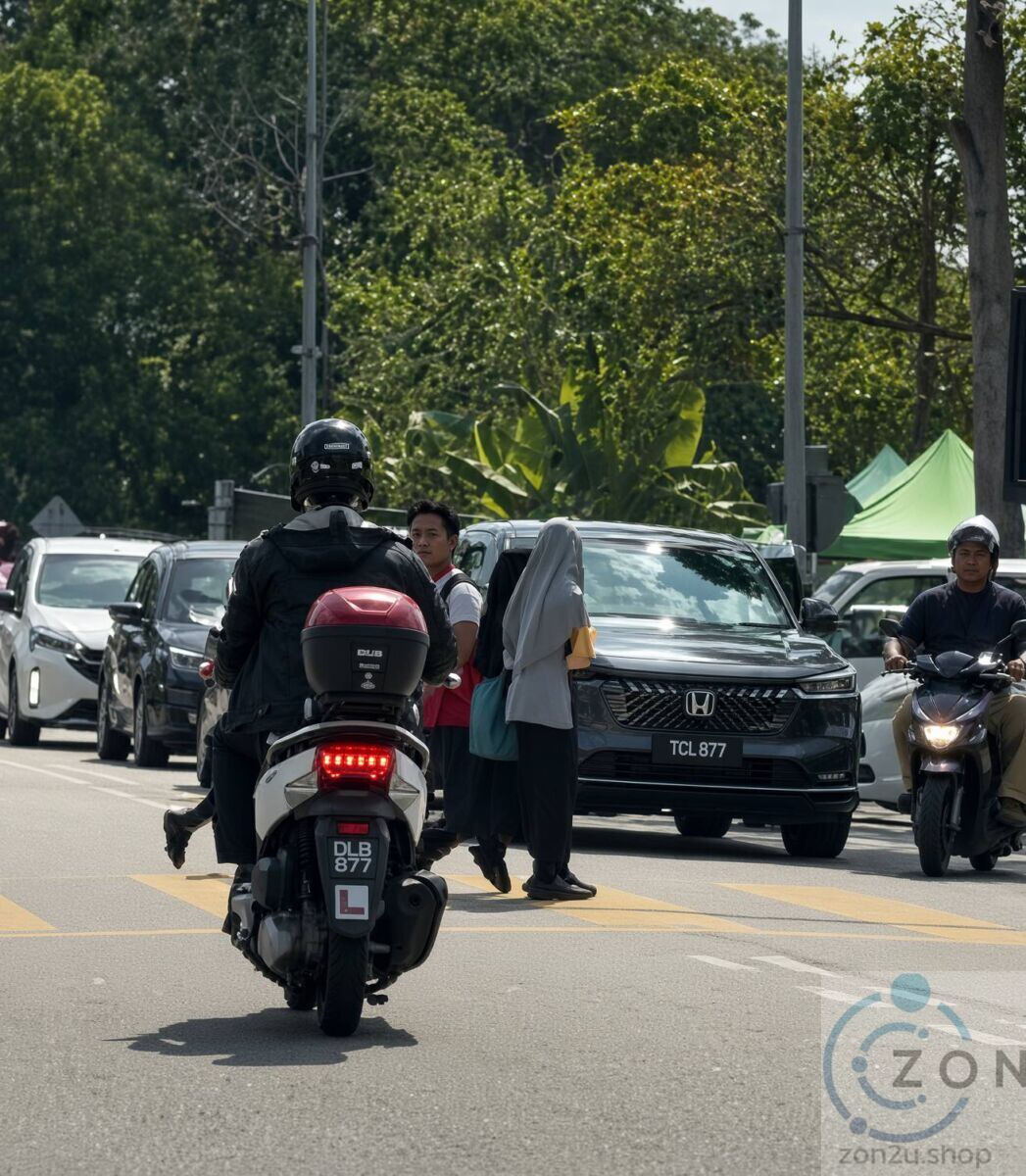 Motorcyclists and pedestrians navigating street traffic near a marked crosswalk