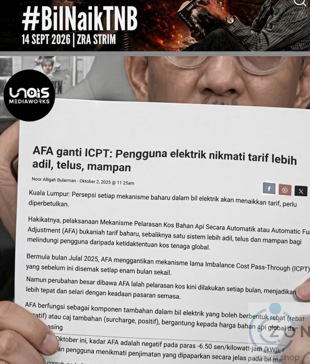 Hand holding a printed article titled AFA ganti ICPT: Pengguna elektrik nikmati tarif lebih adil, telus, mampan