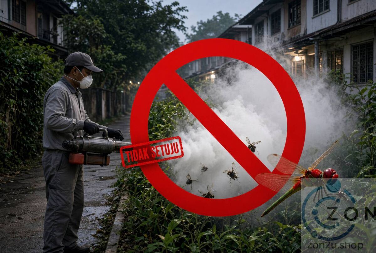 Worker fogging pesticides outdoors, overlaid with a red prohibition sign, dead insects, and a stamp reading TIDAK SETUJU