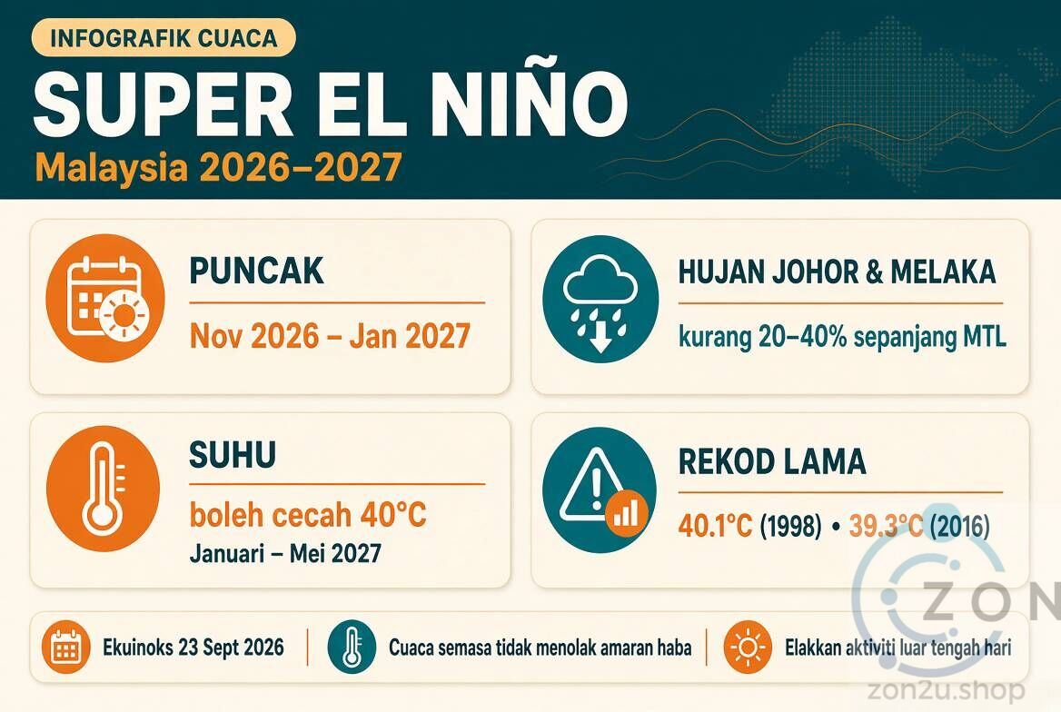Weather infographic predicting Super El Niño in Malaysia from 2026 to 2027, with temperatures up to 40°C and reduced rainfall