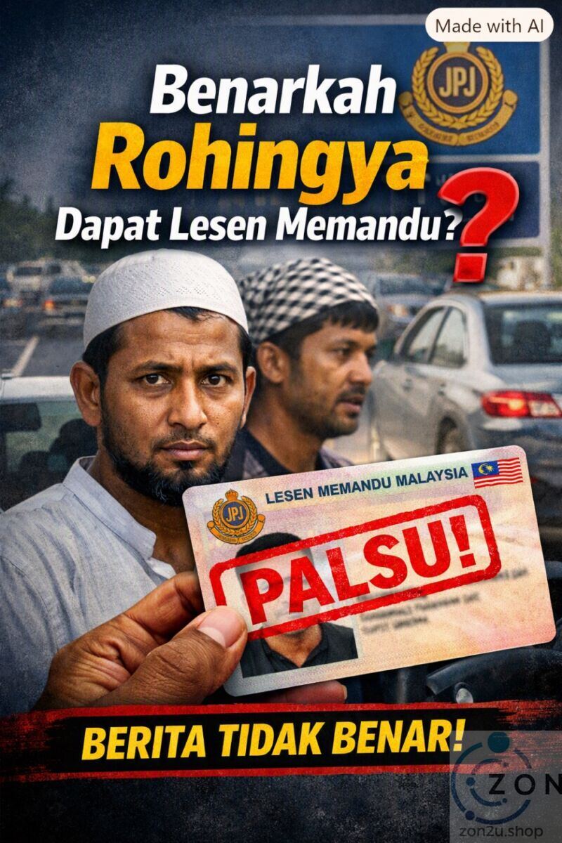 Fact-check graphic stating False News, debunking claims that Rohingya refugees can obtain Malaysian driving licenses